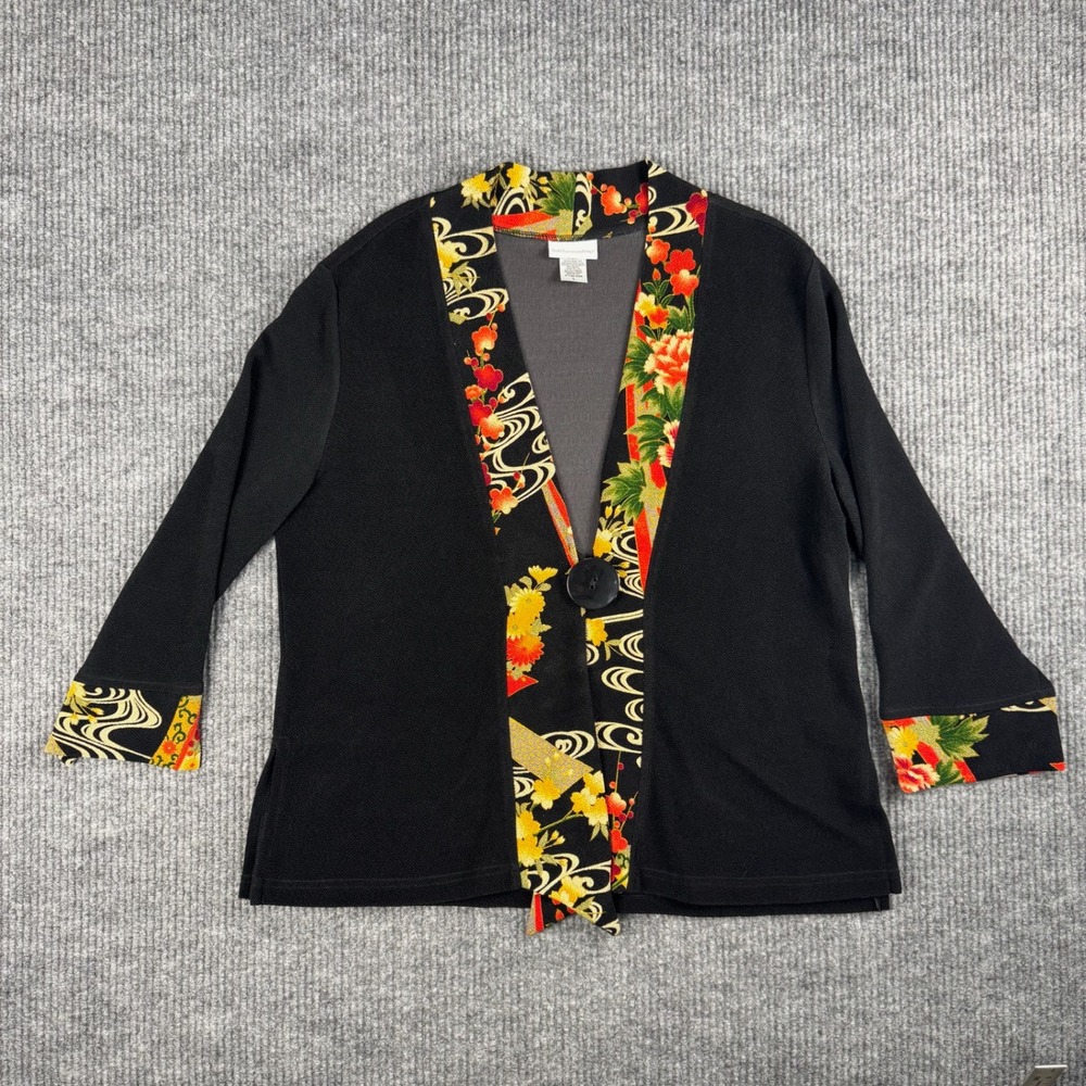 Soft Surroundings Jacket Womens L Black Japanese Floral Kimono Topper USA Made - Picture 1 of 10
